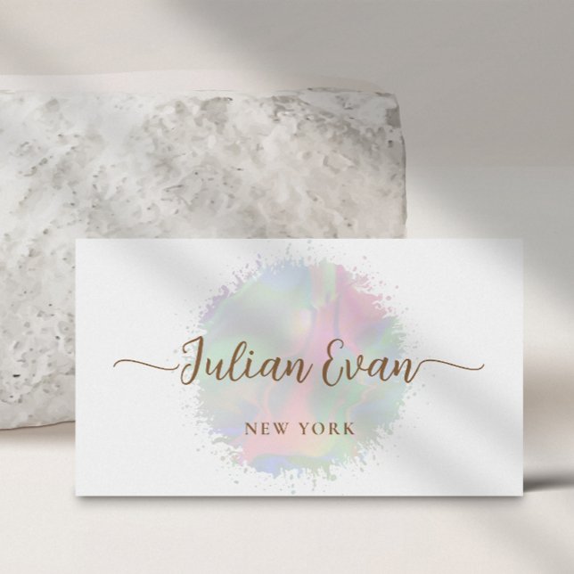 Soft Pastel Watercolor Holographic Script White Business Card (Creator Uploaded)