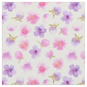 Soft Pastel Watercolor Pink and Lavender Flowers.j Fabric