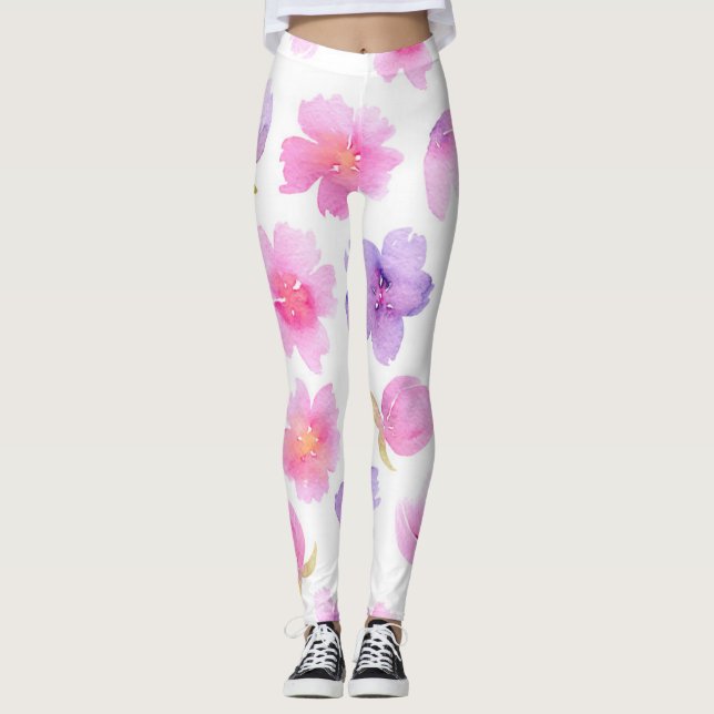 Soft Pastel Watercolor Pink and Lavender Flowers.j Leggings (Front)
