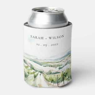 Soft Pastel Watercolor Vineyard Landscape Wedding Can Cooler
