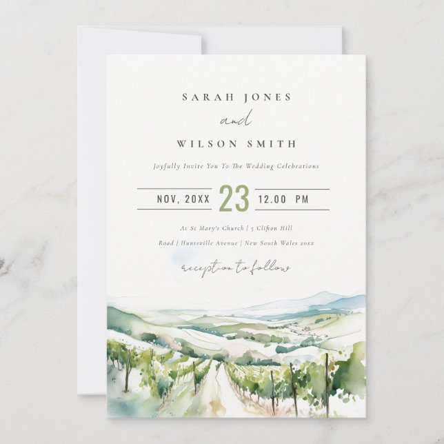 Soft Pastel Watercolor Vineyard Landscape Wedding Invitation (Front)