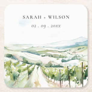 Soft Pastel Watercolor Vineyard Landscape Wedding Square Paper Coaster