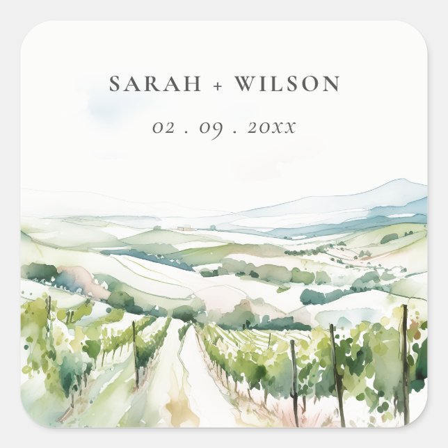 Soft Pastel Watercolor Vineyard Landscape Wedding Square Sticker (Front)