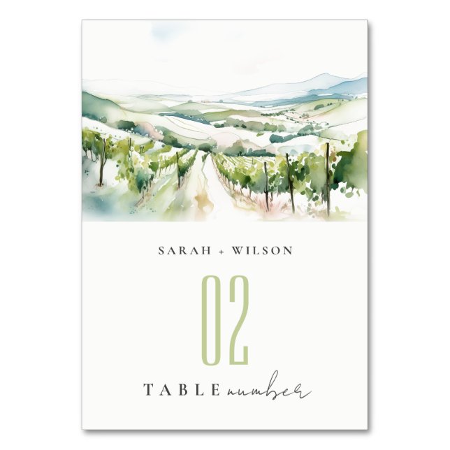 Soft Pastel Watercolor Vineyard Landscape Wedding Table Number (Front)