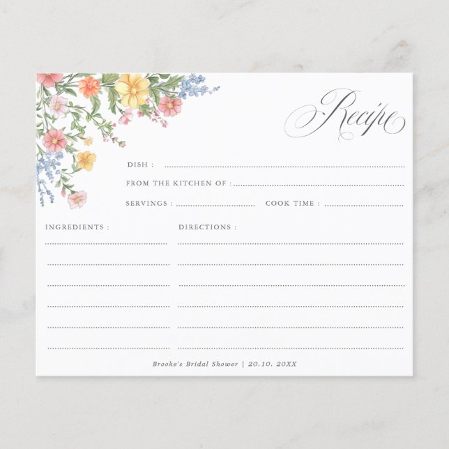 Soft pastel Wildflower Garden Bridal Shower Recipe (Front)