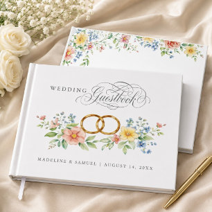 Soft Pastel Wildflower Gold Rings Wedding Guest Book