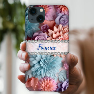 Soft pastels 3D dahlias & roses, diamond frame iPhone 13 Case