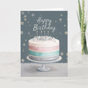 Soft Pastels Pink, Teal & Silver Birthday Cake Card