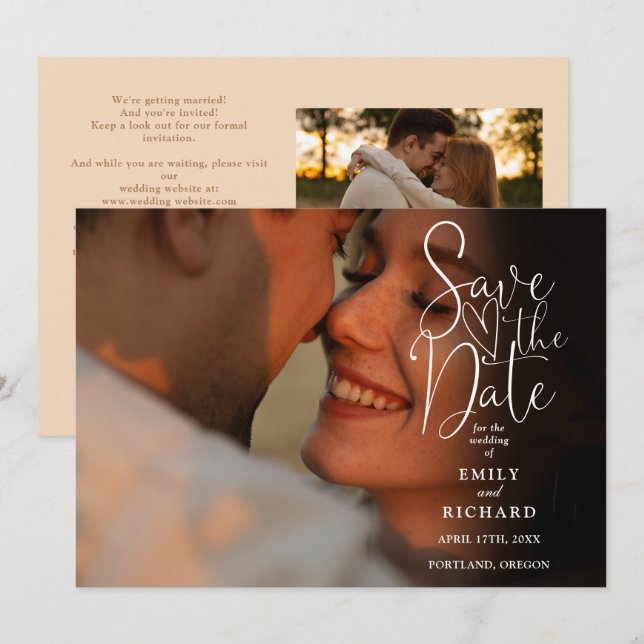 Soft Peach 2 Photo Elegant Script Wedding QR Code Save The Date (Front/Back)