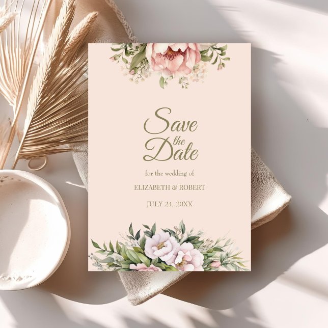 Soft Peach and Blush Floral Save The Date Card (Soft Peach and Blush Floral Save The Date Card on a neutral boho wedding table.)