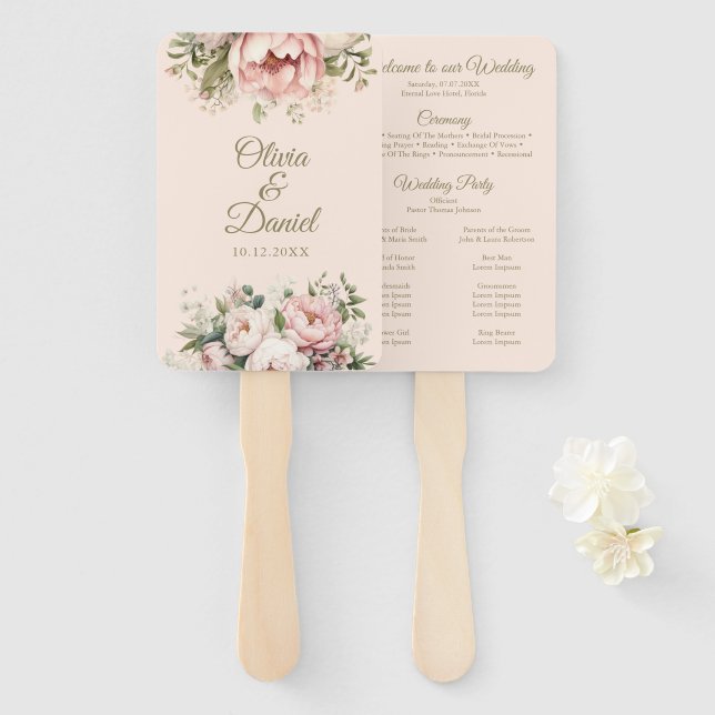 Soft Peach and Blush Floral Wedding Program Hand Fan (Front and Back)