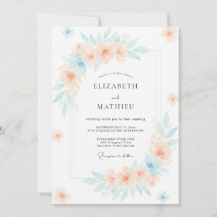 Soft Peach Aqua Peony Wedding Invitation