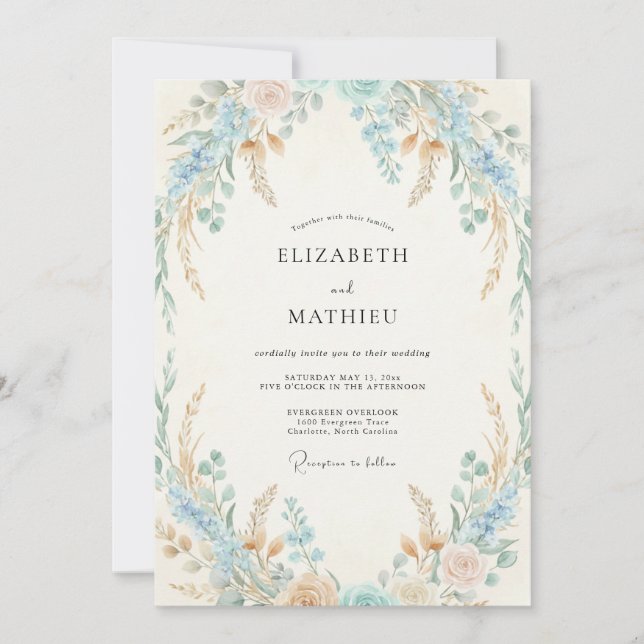 Soft Peach Azure Wildflower Wedding Invitation (Front)