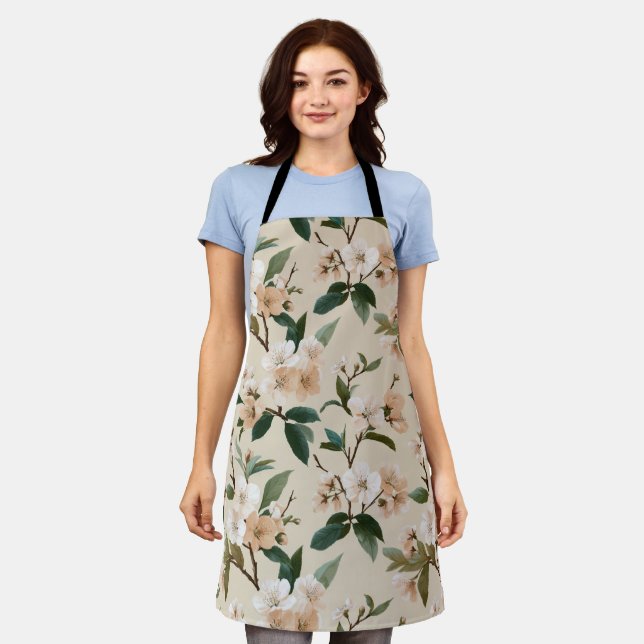 Soft Peach Blossom Ivory Floral Pattern Apron (Worn)