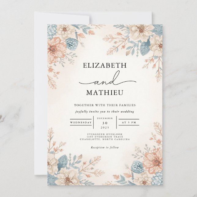 Soft Peach Blue Floral Border Wedding Invitation (Front)