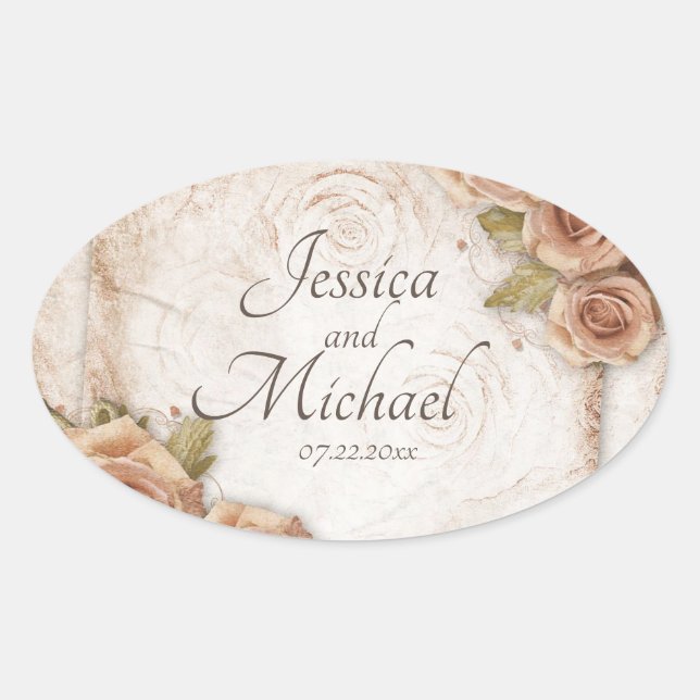 Soft Peach Coloured Roses Wedding Oval Sticker (Front)