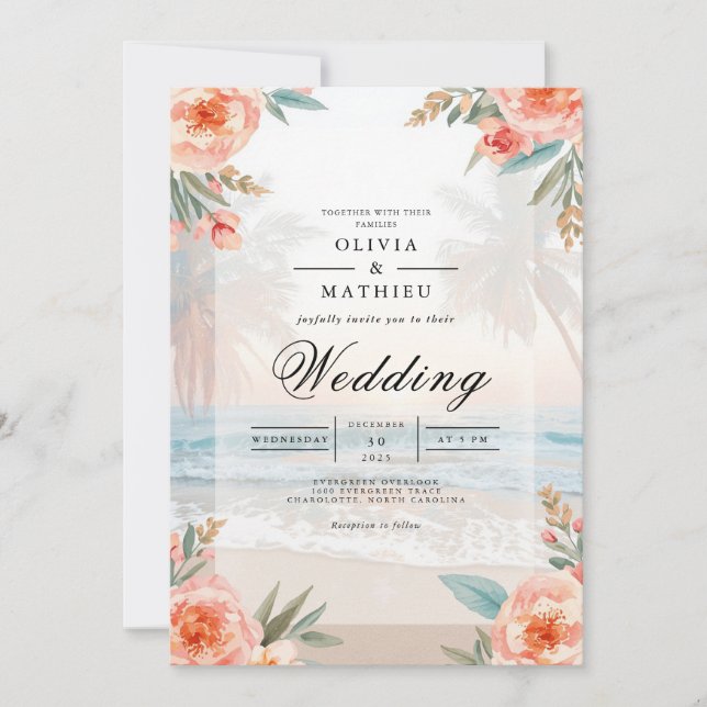 Soft Peach Floral Beach Wedding Invitation (Front)