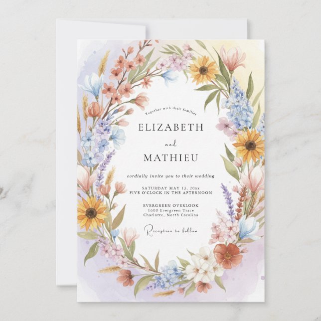 Soft Peach Floral Garland Wedding Invitation (Front)