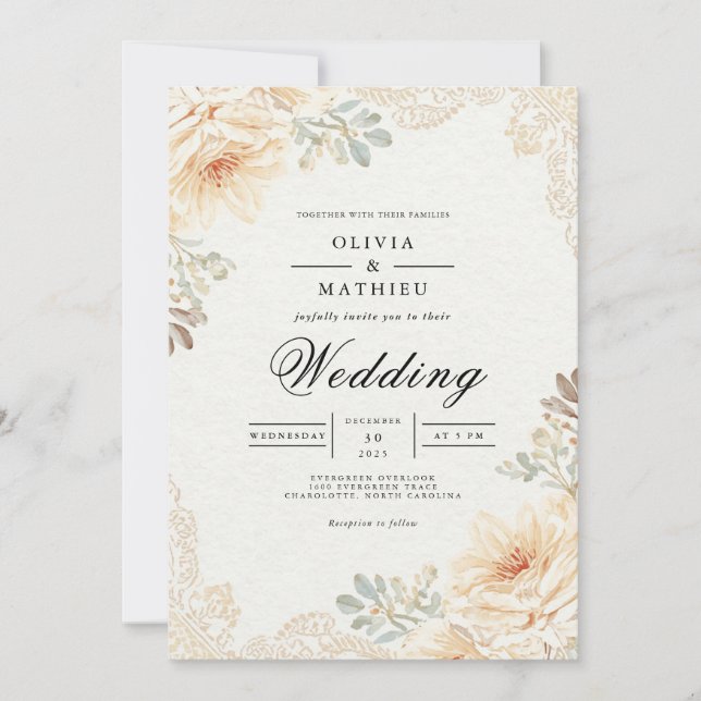 Soft Peach Floral Lace Wedding Invitation (Front)