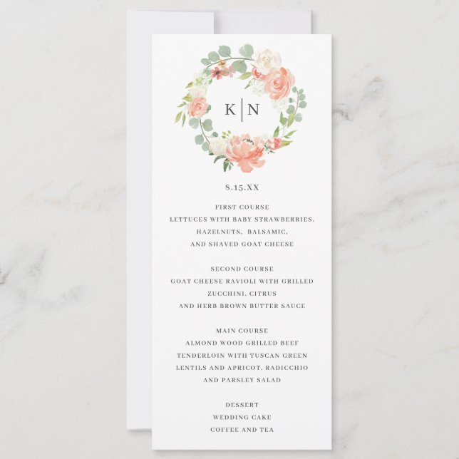 Soft Peach Floral Monogram Wedding Menu Card (Front)