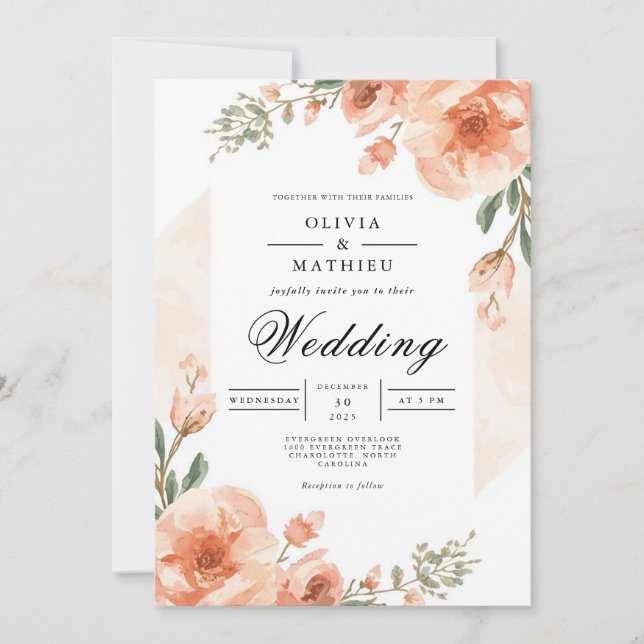Soft Peach Floral Romance Wedding Invitation (Front)