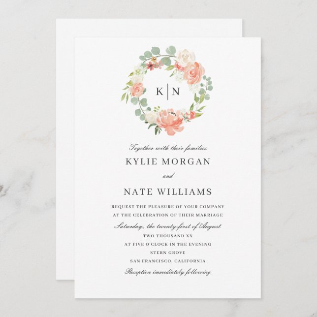 Soft Peach Floral Watercolor Monogram Wedding Invitation (Front/Back)