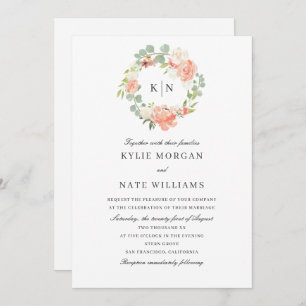 Soft Peach Floral Watercolor Monogram Wedding Invitation