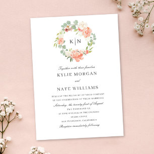 Soft Peach Floral Watercolor Monogram Wedding Invitation