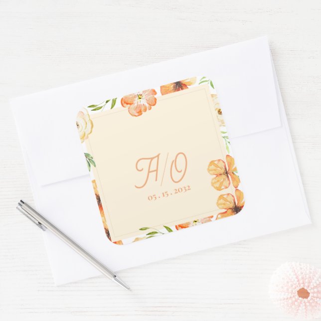 Soft Peach Garden Floral Monogram Wedding Square Sticker (Envelope)