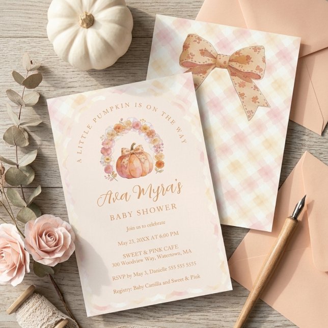 Soft Peach Gingham Pumpkin Baby Shower TMF26 Invitation (weet Coquette Bow and Pumpkin Baby Shower Invitation with Gingham Pattern Details.)