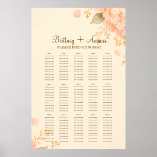 Soft Peach & Gold Hydrangea Floral Wedding Seating Poster