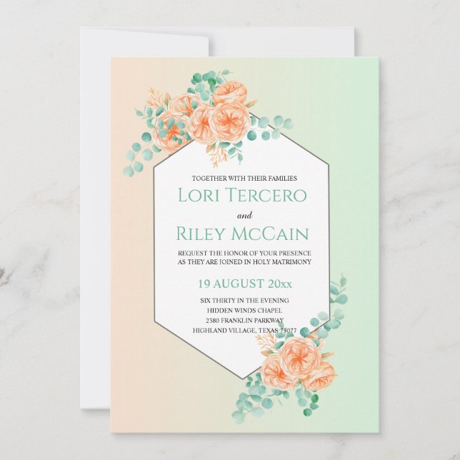 Soft Peach Green Watercolor Eucalyptus Wedding Invitation (Front)