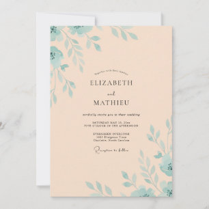 Soft Peach Mint Leafy Wedding Invitation