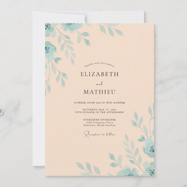 Soft Peach Mint Leafy Wedding Invitation (Front)