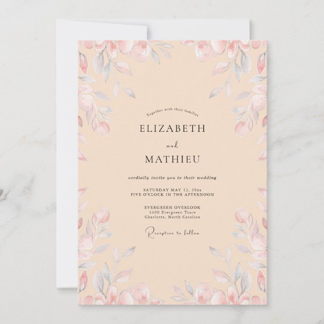 Soft Peach Periwinkle Petal Wedding Invitation (Front)
