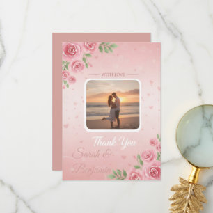 Soft Peach & Pink Floral Garden Photo Wedding  Thank You Card