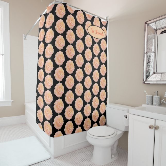 Soft Peach Pink Yellow Rose Design on Black BG Shower Curtain (In Situ)