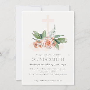 Soft Peach Rose Floral Cross Bunch Baptism Invite