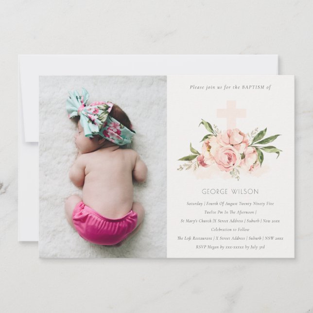 Soft Peach Rose Floral Cross Photo Baptism Invite (Front)