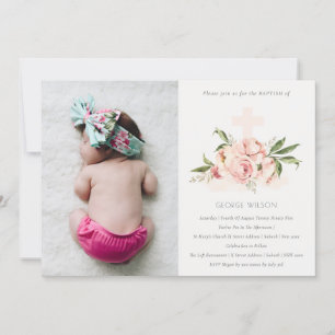 Soft Peach Rose Floral Cross Photo Baptism Invite