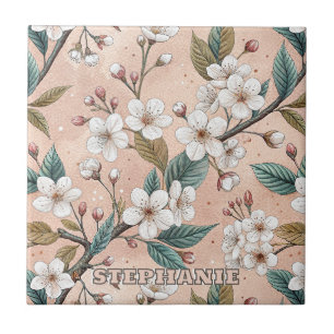 Soft Peach Sakura Branch Botanical Pattern Ceramic Tile