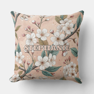 Soft Peach Sakura Branch Botanical Pattern Cushion