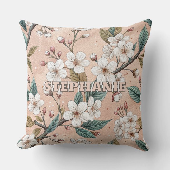 Soft Peach Sakura Branch Botanical Pattern Cushion (Front)