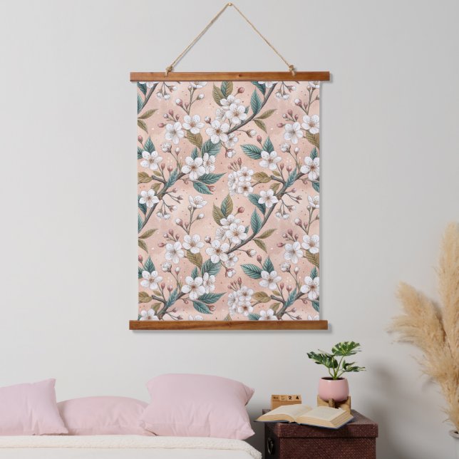Soft Peach Sakura Branch Botanical Pattern Hanging Tapestry (Bedroom)