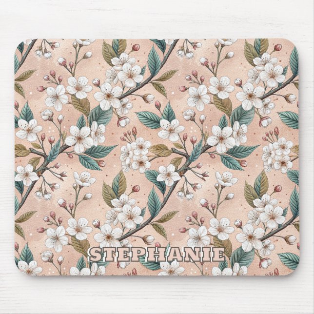 Soft Peach Sakura Branch Botanical Pattern Mouse Pad (Front)