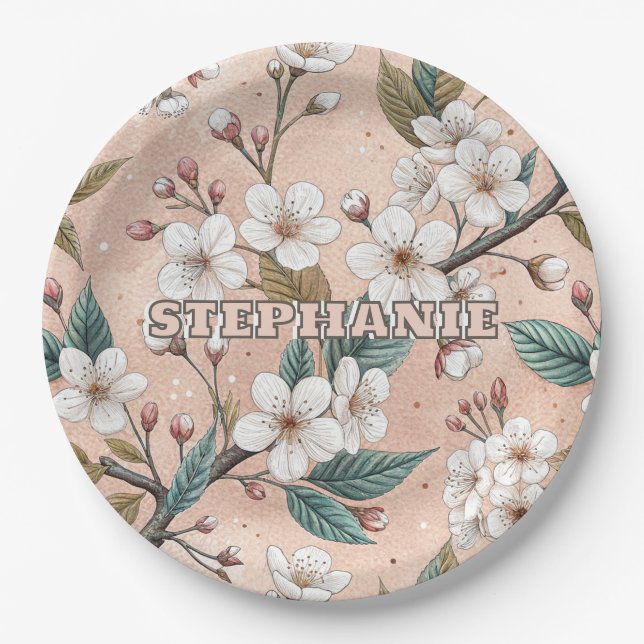 Soft Peach Sakura Branch Botanical Pattern Paper Plate (Front)