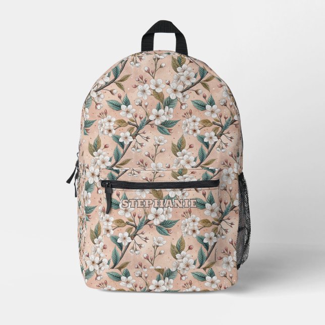 Soft Peach Sakura Branch Botanical Pattern Printed Backpack (Front)