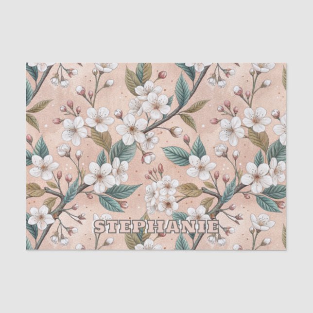 Soft Peach Sakura Branch Botanical Pattern Tissue Paper (Front)