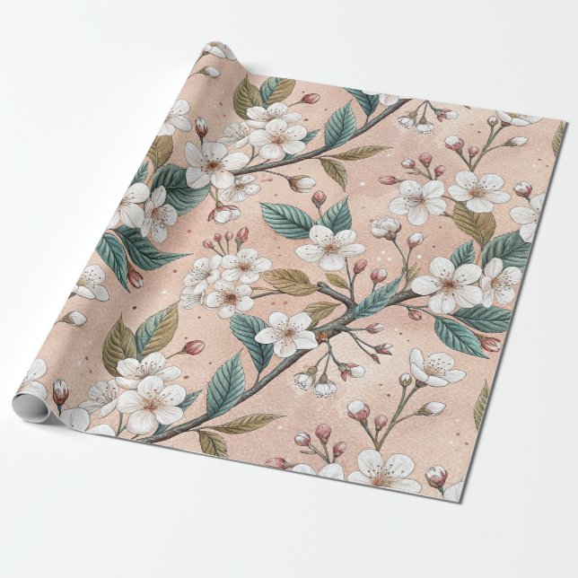 Soft Peach Sakura Branch Botanical Pattern Wrapping Paper (Unrolled)