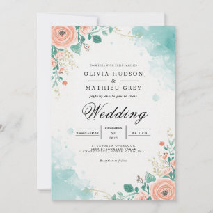 Soft Peach Teal Floral Flourish Wedding Invitation